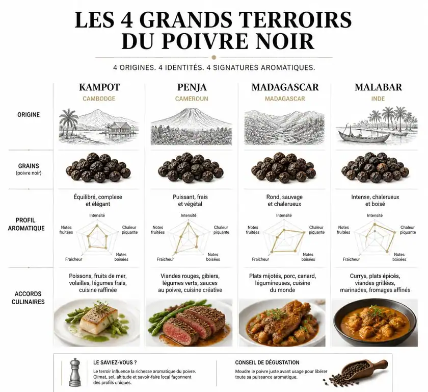 Infographie comparative des profils aromatiques et origines du poivre noir en grain
