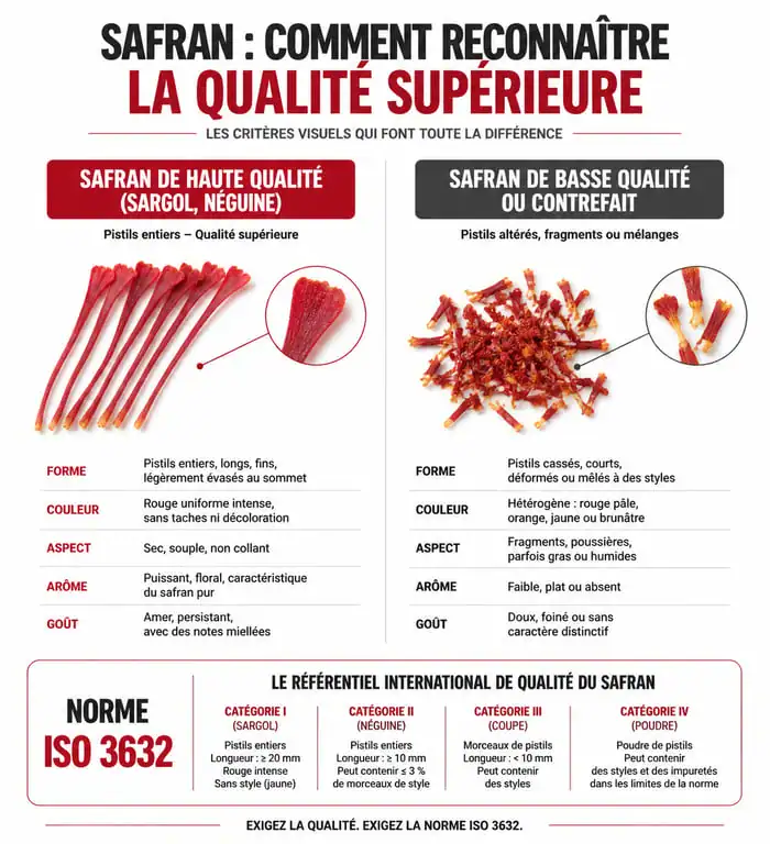 Infographie comparative pour identifier la qualité du safran lors de l'achat