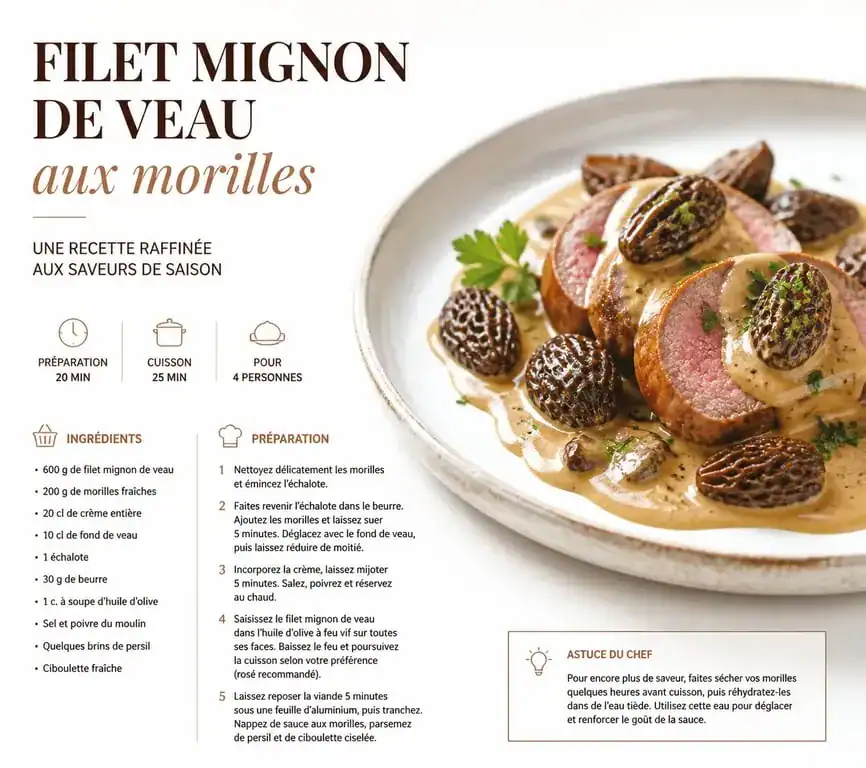 Recette filet mignon de veau gastronomique aux morilles et Porto dressé sur assiette