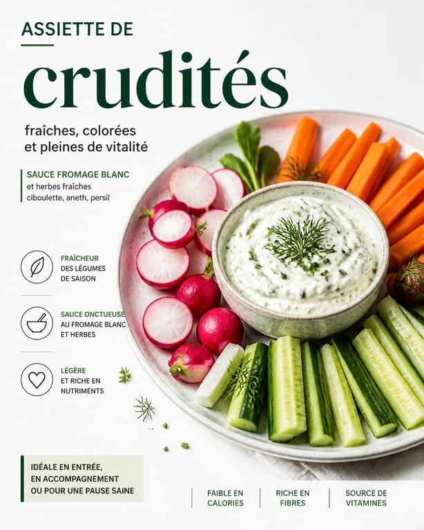 Plateau de crudités avec sauce crudité pour apéro maison dans un bol