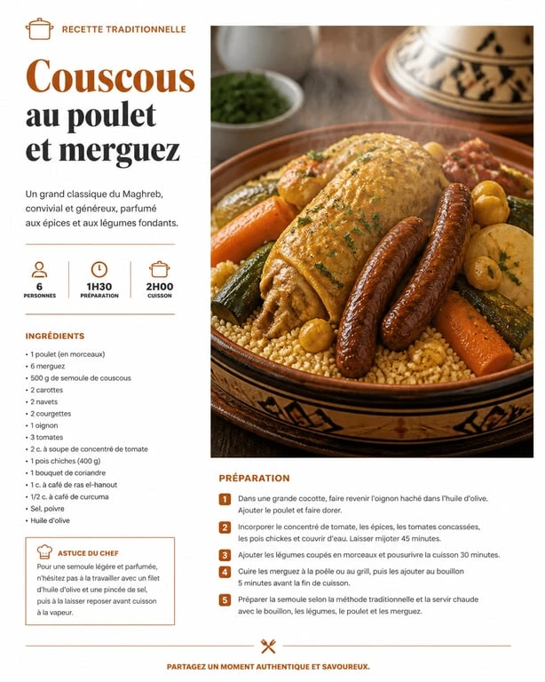 Couscous au poulet et merguez préparé au Cookeo dans un plat traditionnel