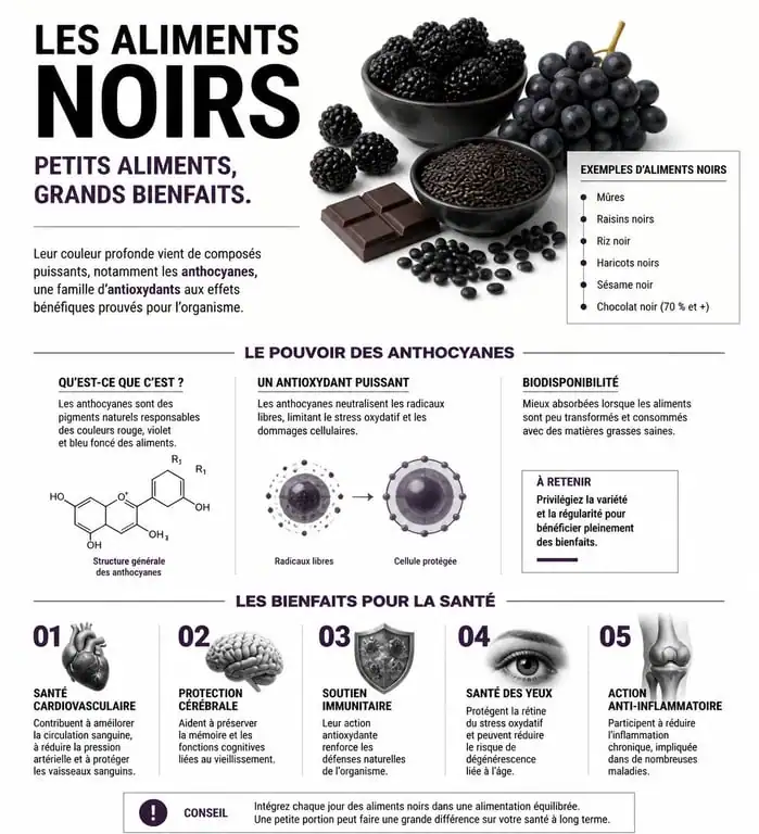 Infographie des bienfaits nutritionnels et antioxydants des aliments noirs