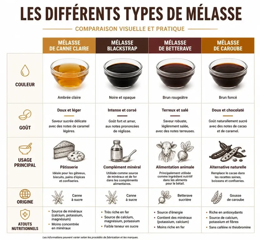 Infographie comparative des différents types de mélasse : canne, betterave, blackstrap et caroube, illustrant leurs usages et caractéristiques.
