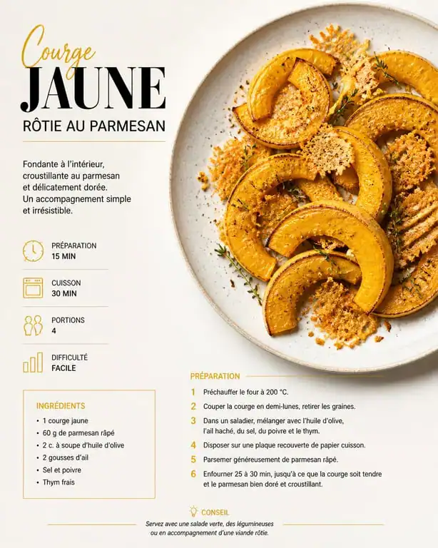 Recette de courge jaune rôtie au parmesan et herbes de Provence servie dans une assiette