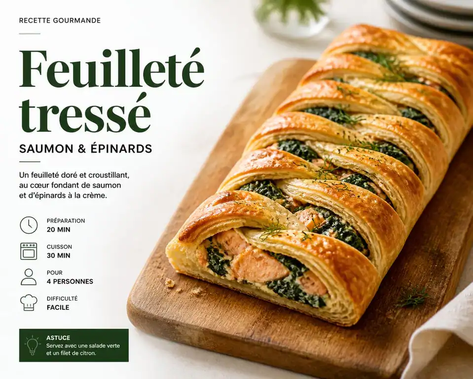 Feuilleté tressé au saumon et épinards frais croustillant