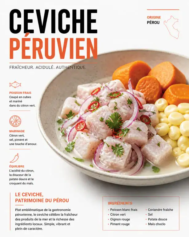 Ceviche péruvien traditionnel avec poisson frais, oignon rouge et coriandre
