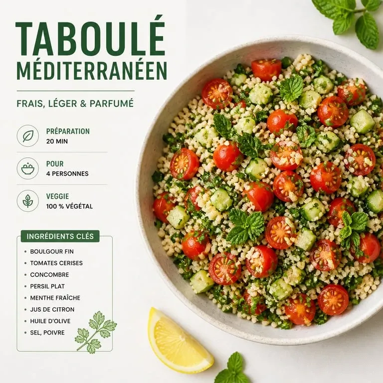 Recette taboulé méditerranéen frais et coloré dans une assiette