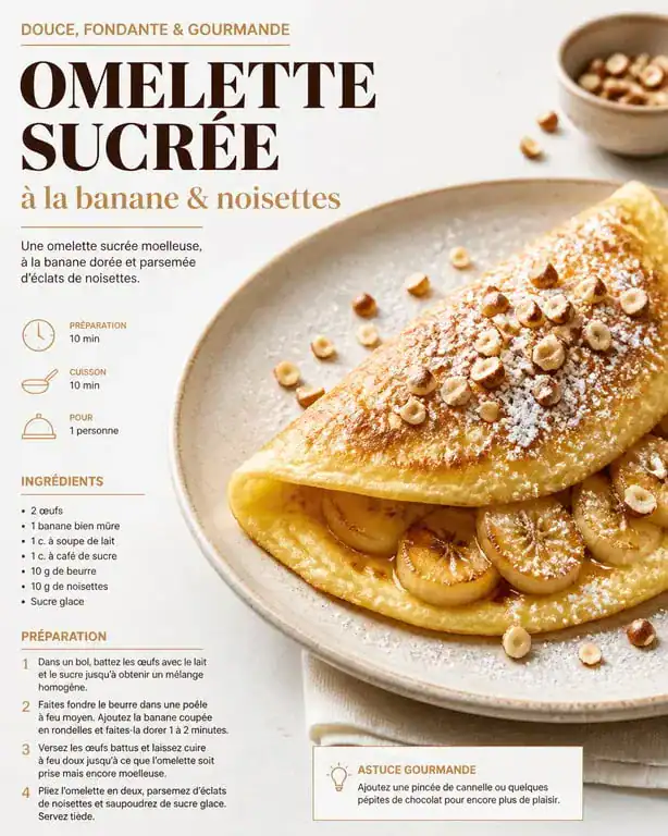 Omelette sucrée banane et noisettes servie dans une assiette