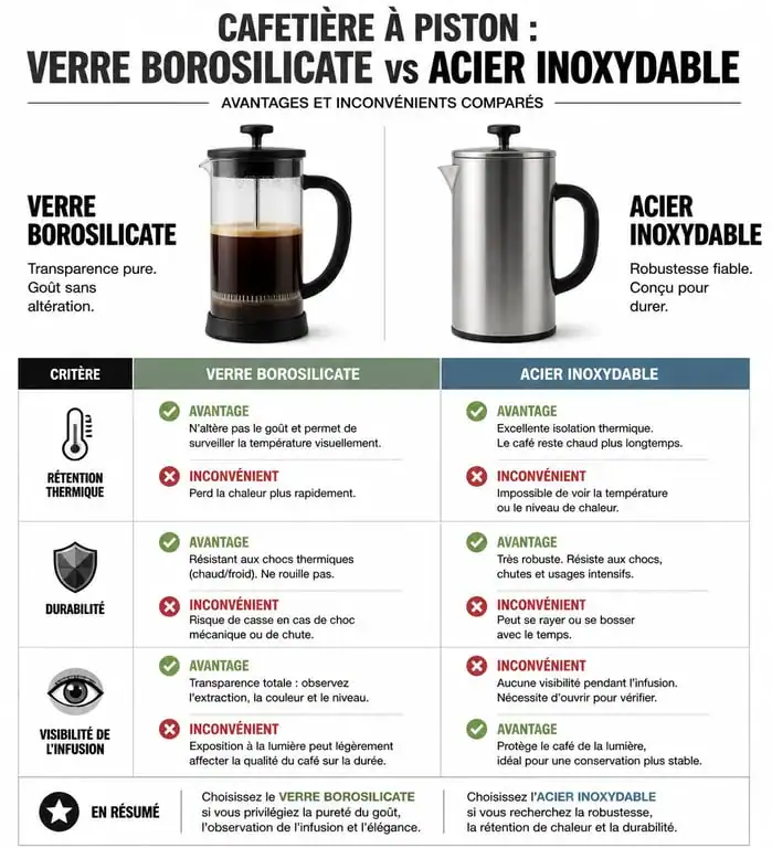 Comparatif des matériaux pour choisir la meilleure cafetière à piston : verre vs acier inoxydable