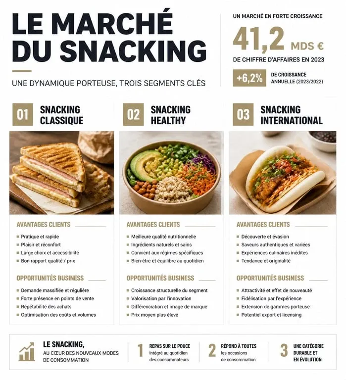 Infographie comparative des segments du marché du snacking : classique, healthy et international.