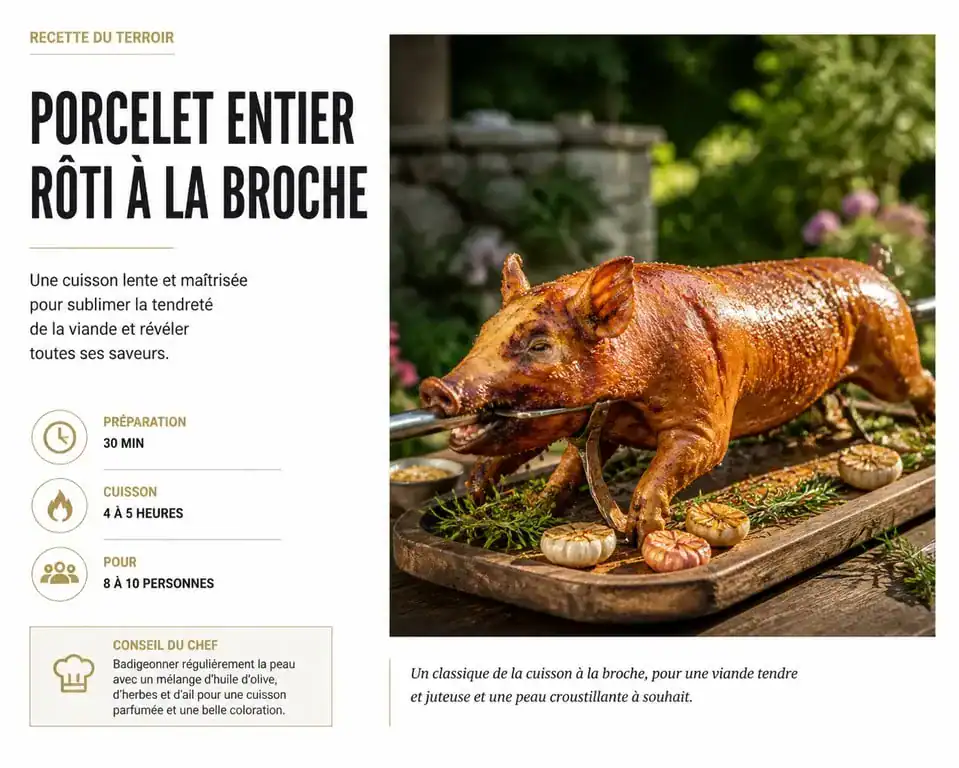 Porcelet à la broche rôti et doré, prêt à être découpé