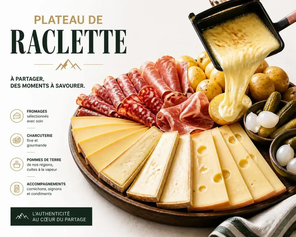 Plateau de fromage à raclette varié avec charcuterie et accompagnements pour une soirée conviviale