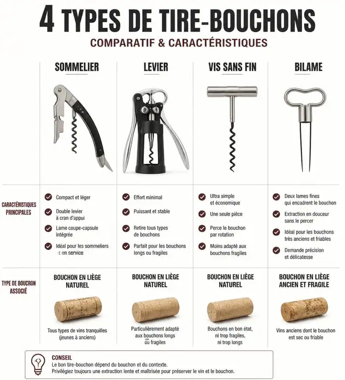 Infographie comparative des différents types de tire-bouchons pour choisir le modèle adapté à chaque bouteille