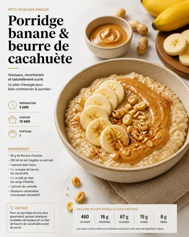 Bol de porridge onctueux à la banane et au beurre de cacahuète, recette de porridge maison