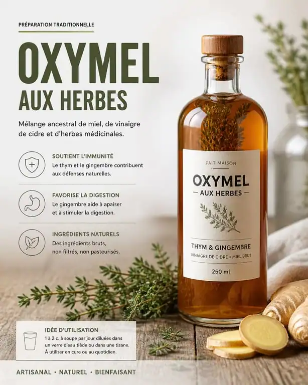 Bouteille d'oxymel maison avec herbes et gingembre pour une recette naturelle