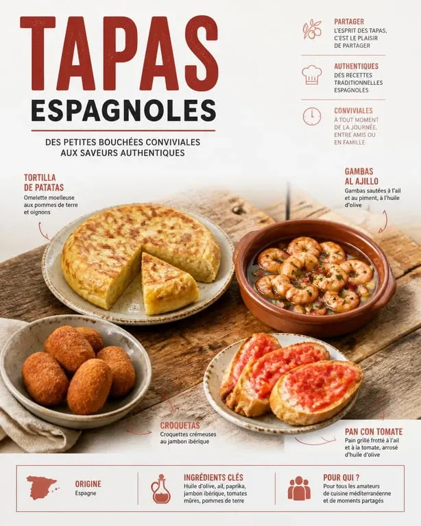 Assortiment de tapas espagnols traditionnels incluant tortilla, gambas al ajillo et croquetas pour un apéritif convivial.