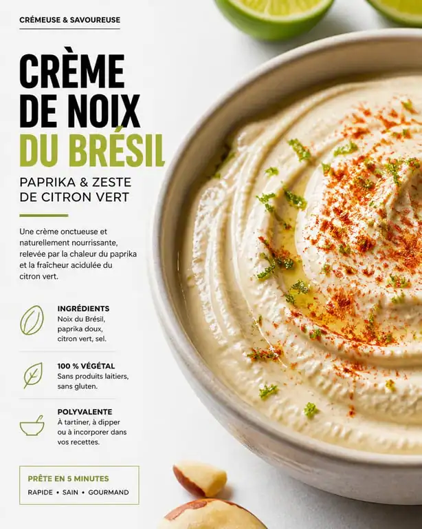 Crème de noix du Brésil au paprika et citron vert, une recette végétalienne savoureuse.