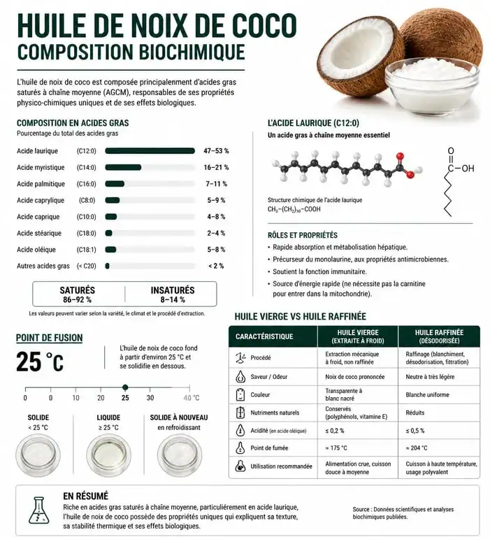 Infographie des propriétés et de la composition biochimique de l'huile de noix de coco