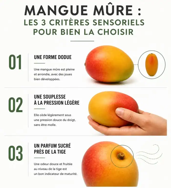 Infographie des critères de maturité d'une mangue mûre : toucher, odorat et forme