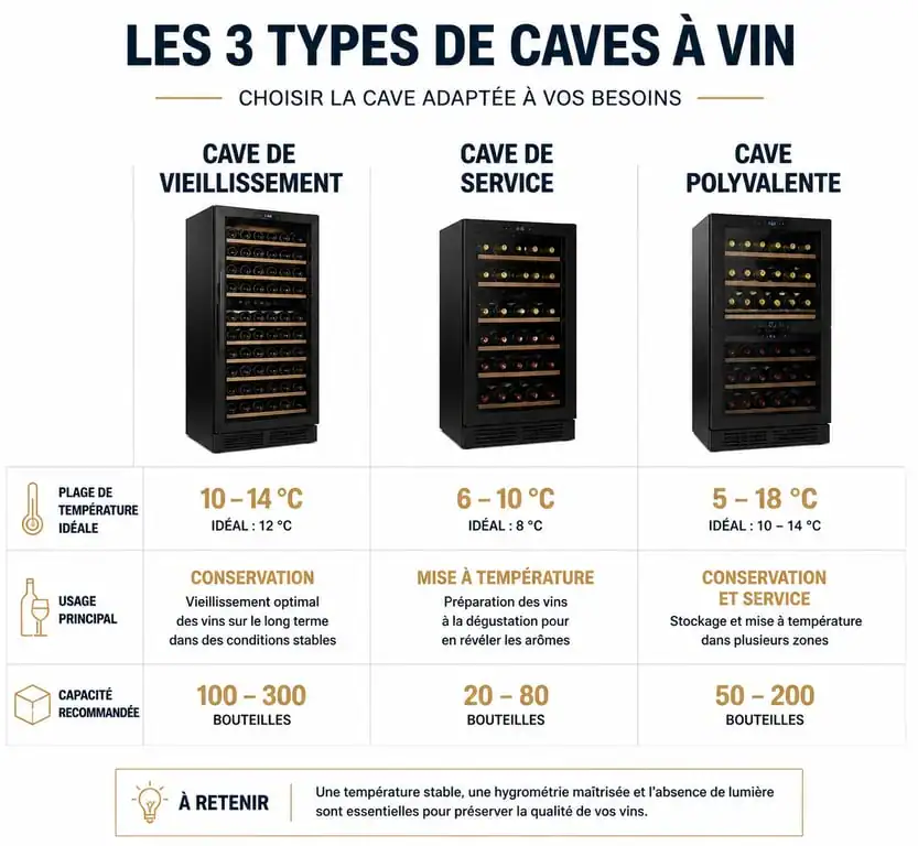 Infographie comparative des types de cave à vin pour bien choisir son équipement