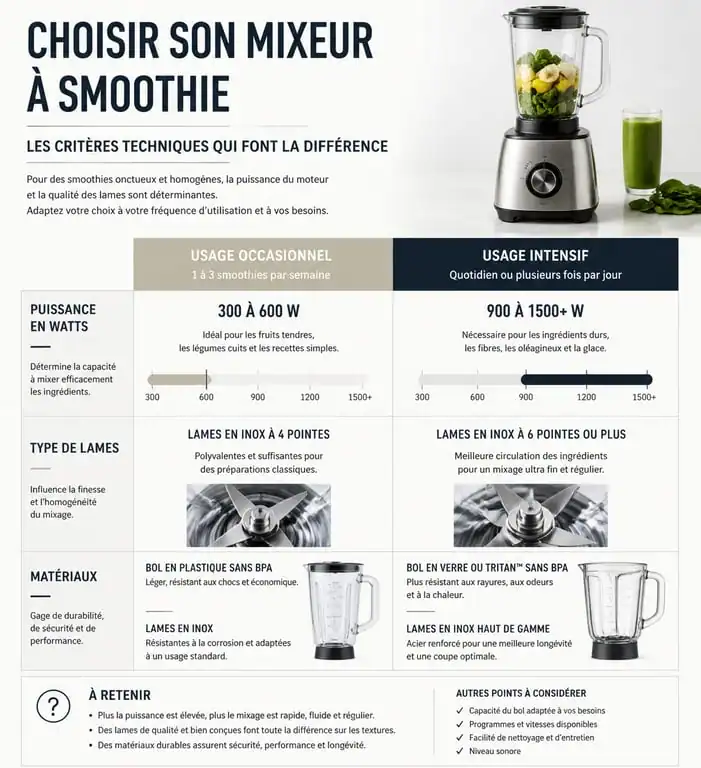 Infographie comparative des critères techniques pour choisir un mixeur à smoothie selon l'usage