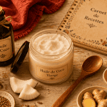 huile de noix de coco solide sur table rustique