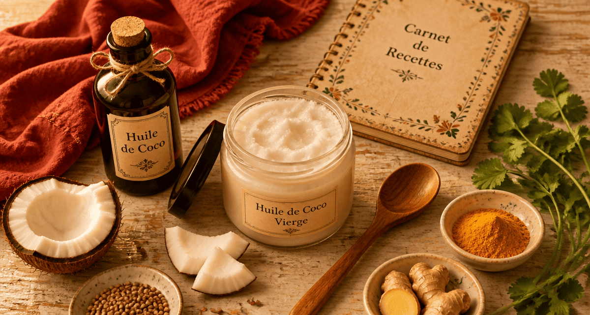 huile de noix de coco solide sur table rustique