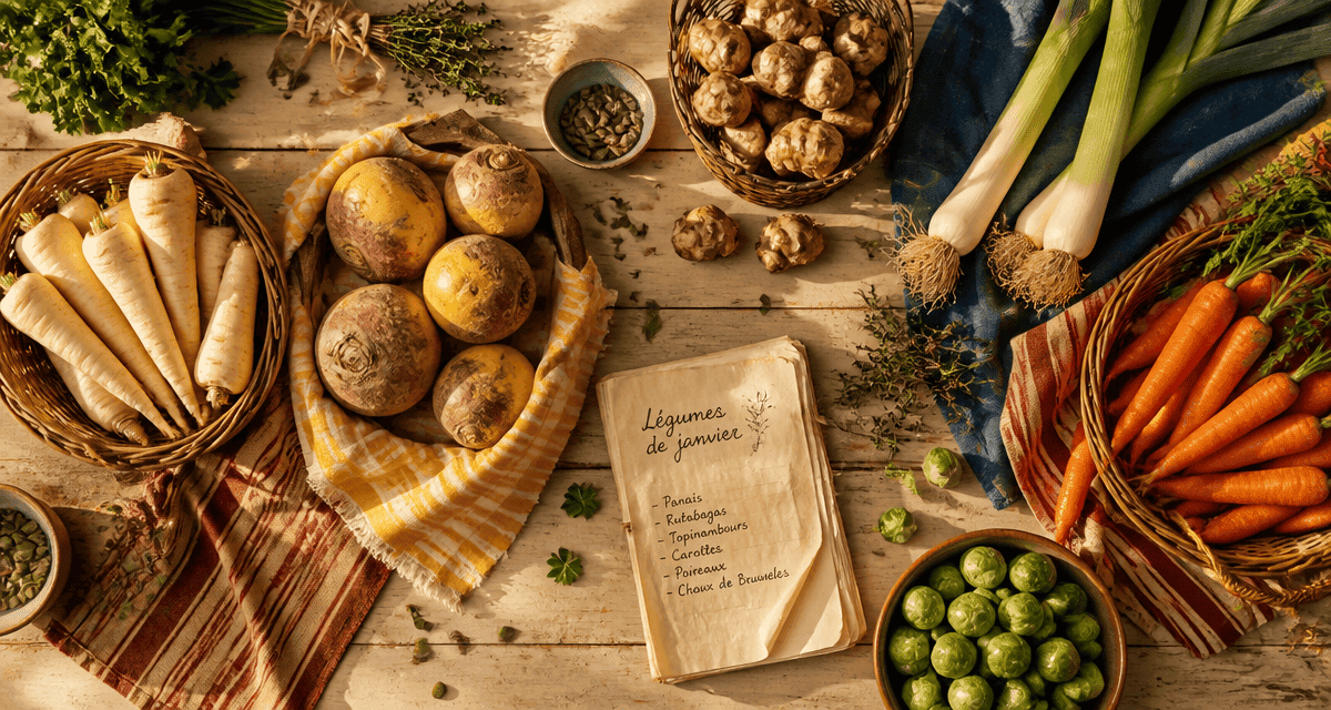légumes de saison janvier sur table rustique