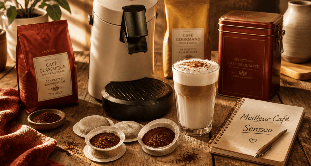 Meilleur café Senseo, dosettes et latte sur table