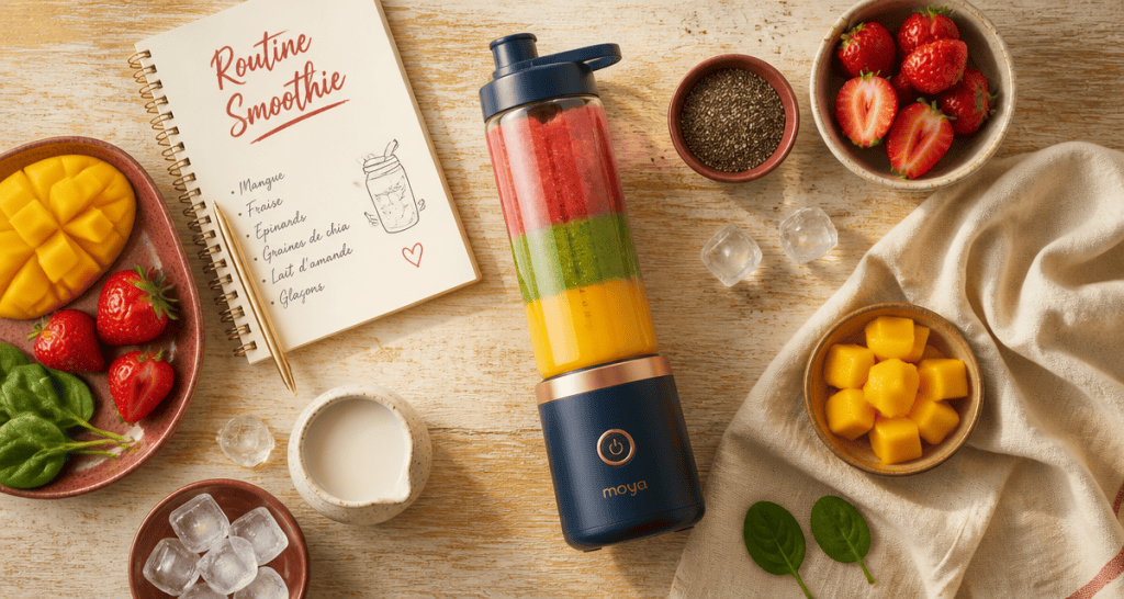 Mixeur à smoothie individuel avec fruits et smoothie coloré