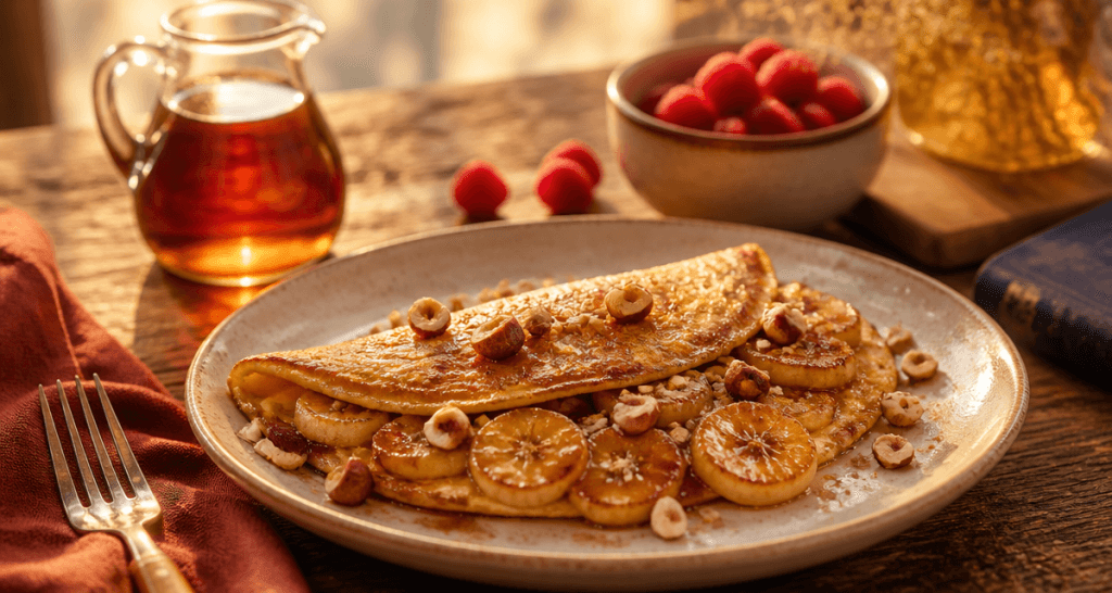 omelette sucrée banane dorée avec noisettes et bananes