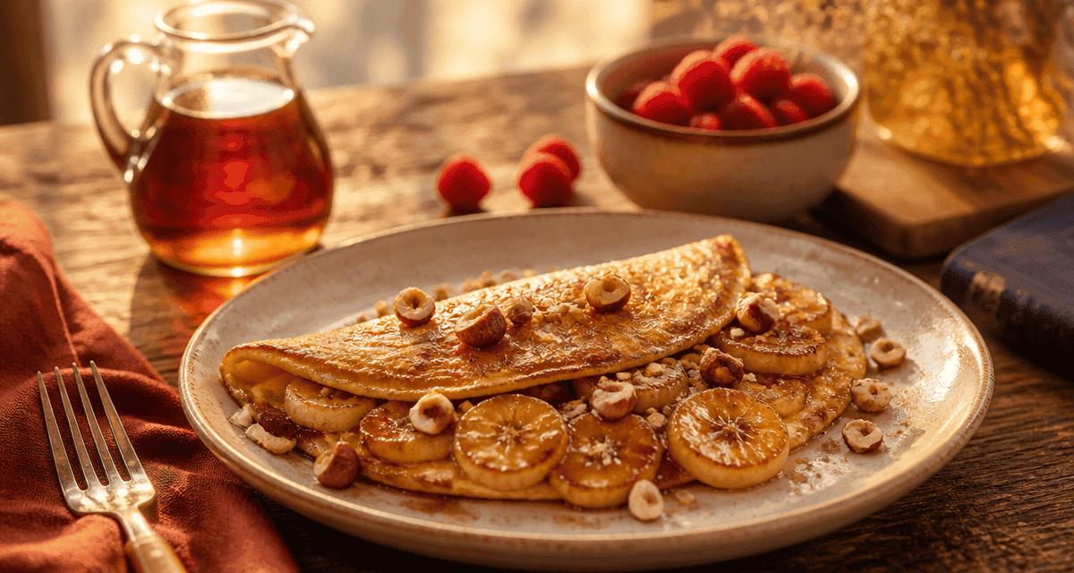 omelette sucrée banane dorée avec noisettes et bananes