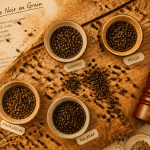 poivre noir en grain sur planche avec moulin et bols