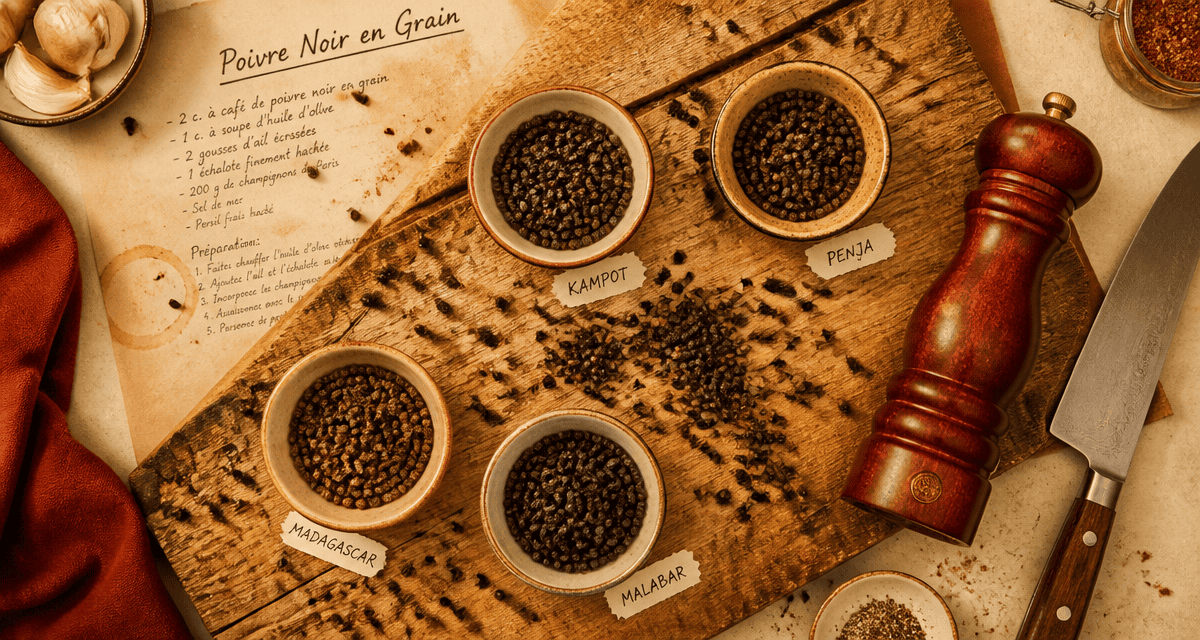 poivre noir en grain sur planche avec moulin et bols