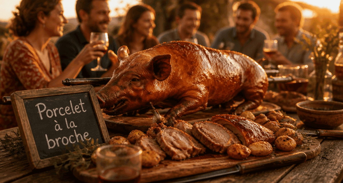 porcelet a la broche sur table rustique