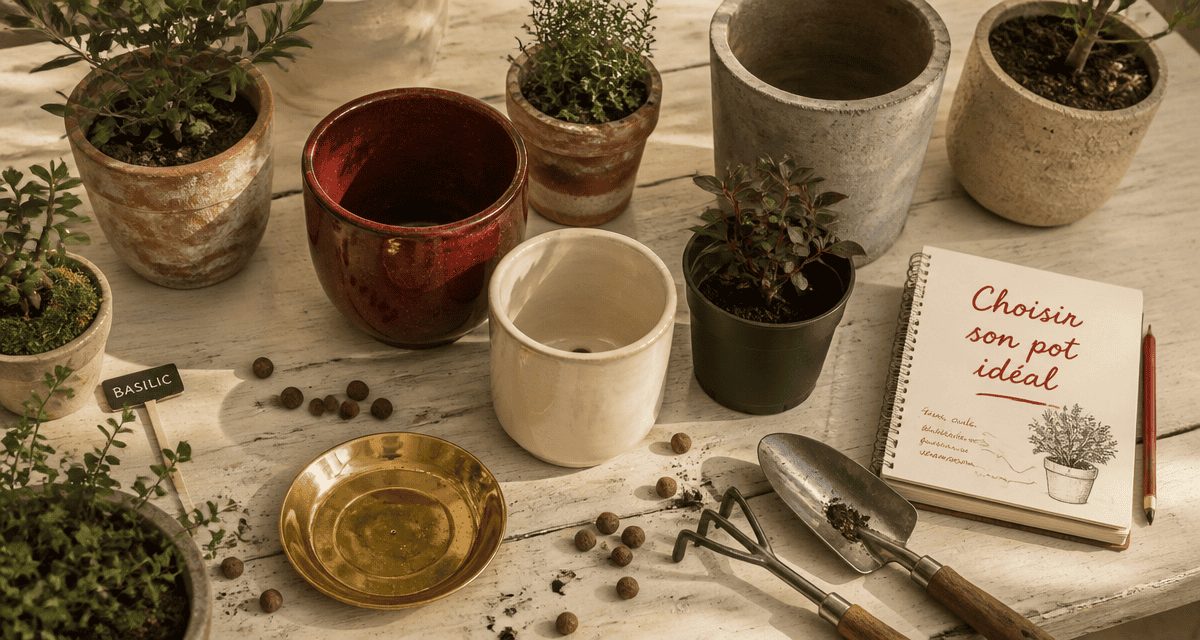 Pots de fleurs en différents matériaux sur table