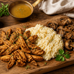 proteine de pois texture sur planche avec riz et champignons
