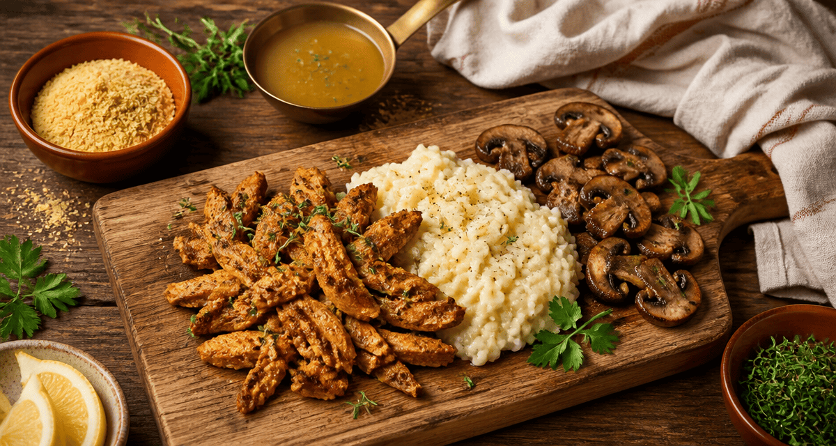 proteine de pois texture sur planche avec riz et champignons