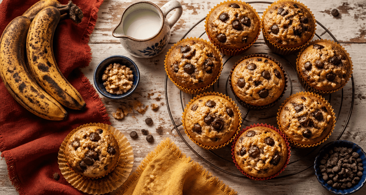 recette muffin banane moelleux avec pépites chocolat sur table
