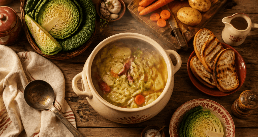 Soupe aux choux verts en soupière sur table rustique
