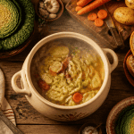 Soupe aux choux verts en soupière sur table rustique
