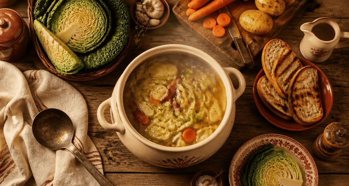 Soupe aux choux verts en soupière sur table rustique