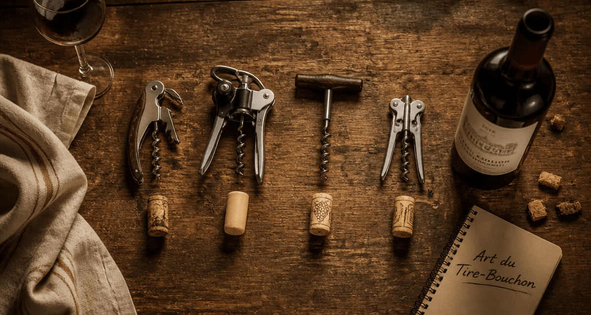 tir bouchon bilame sommelier sur table rustique