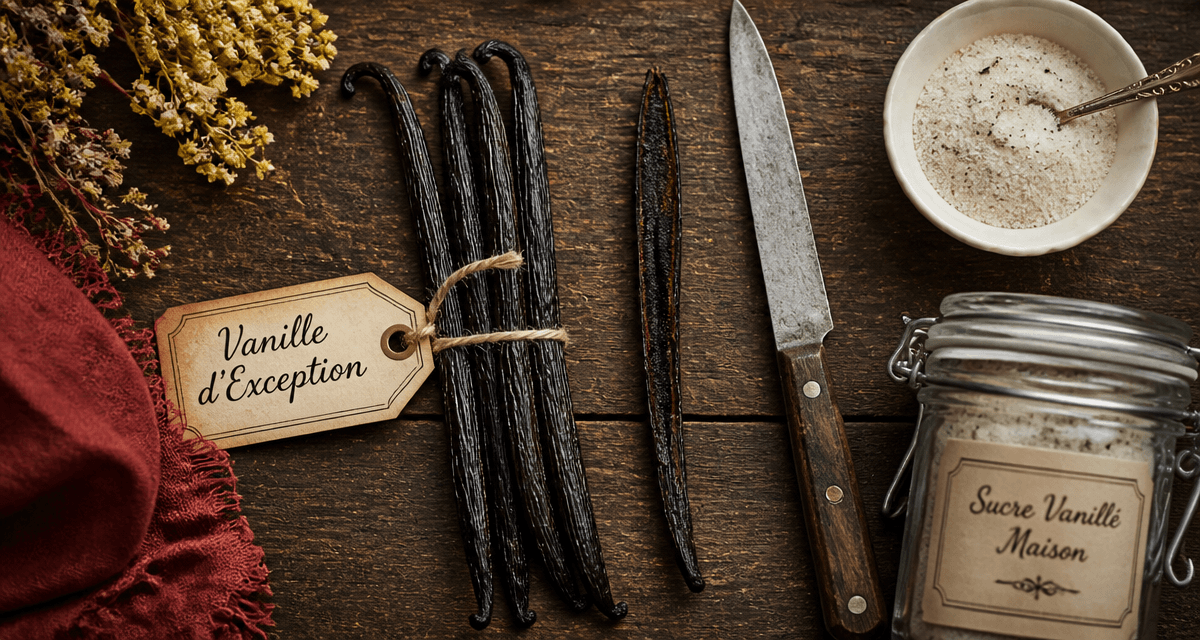 Vanilla beans gourmet and dry on rustic table