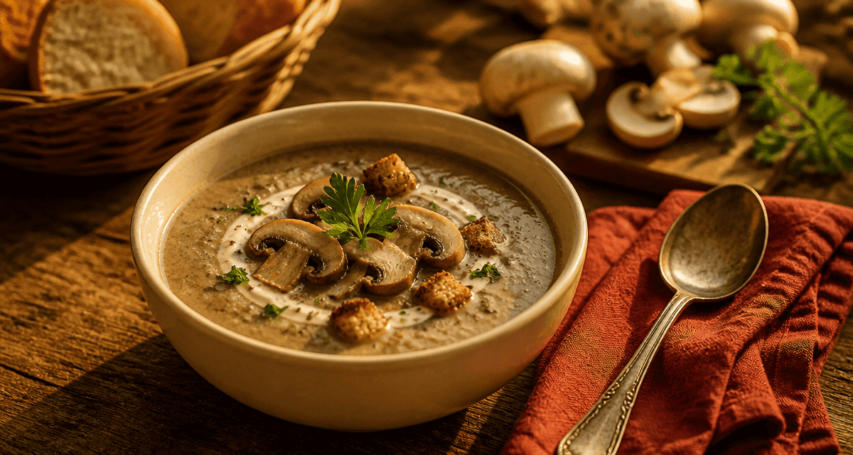 velouté de champignons thermomix dans un bol crème avec croûtons