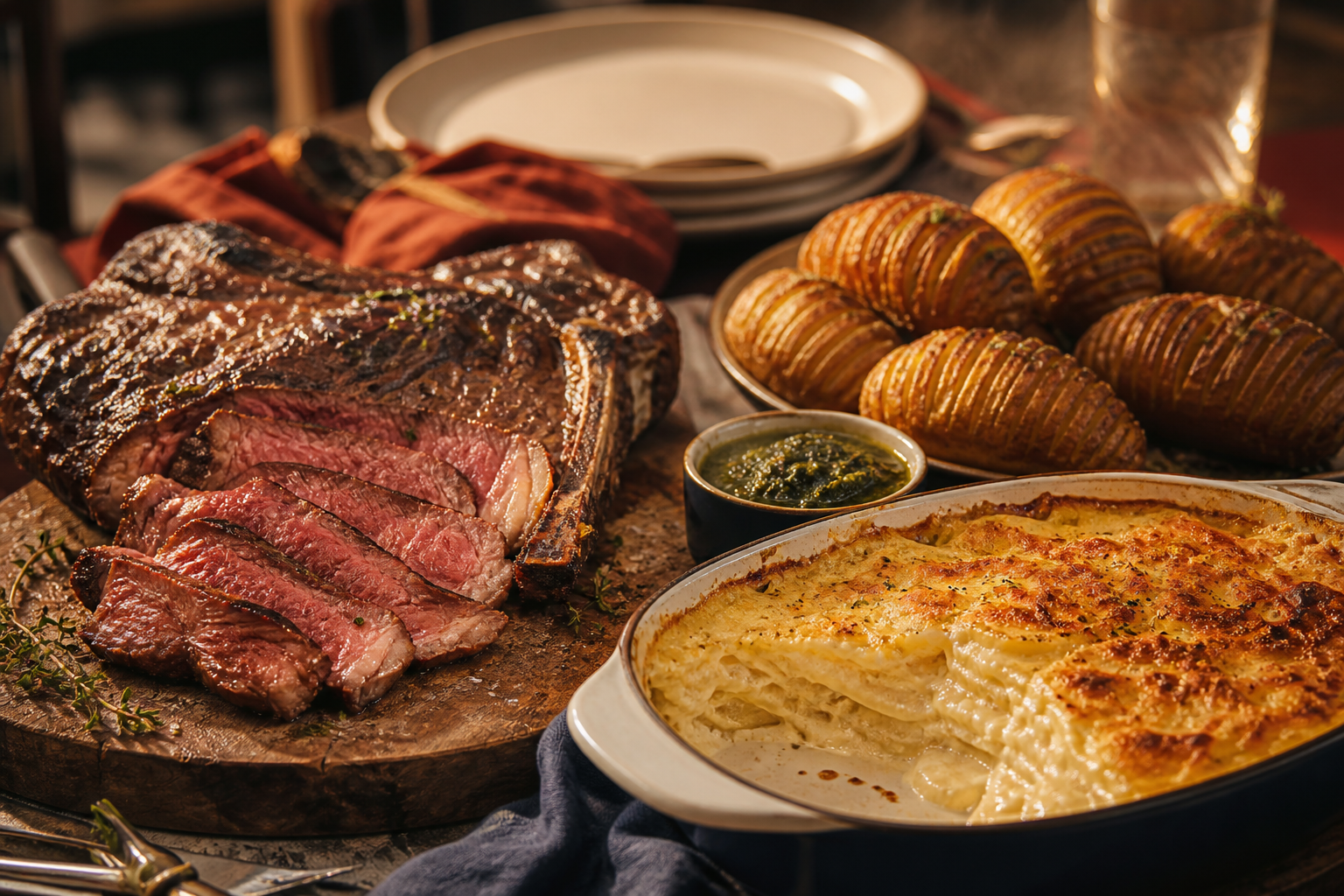 Accompagnement cote de boeuf : gratin dauphinois et pommes hasselback avec sauce chimichurri