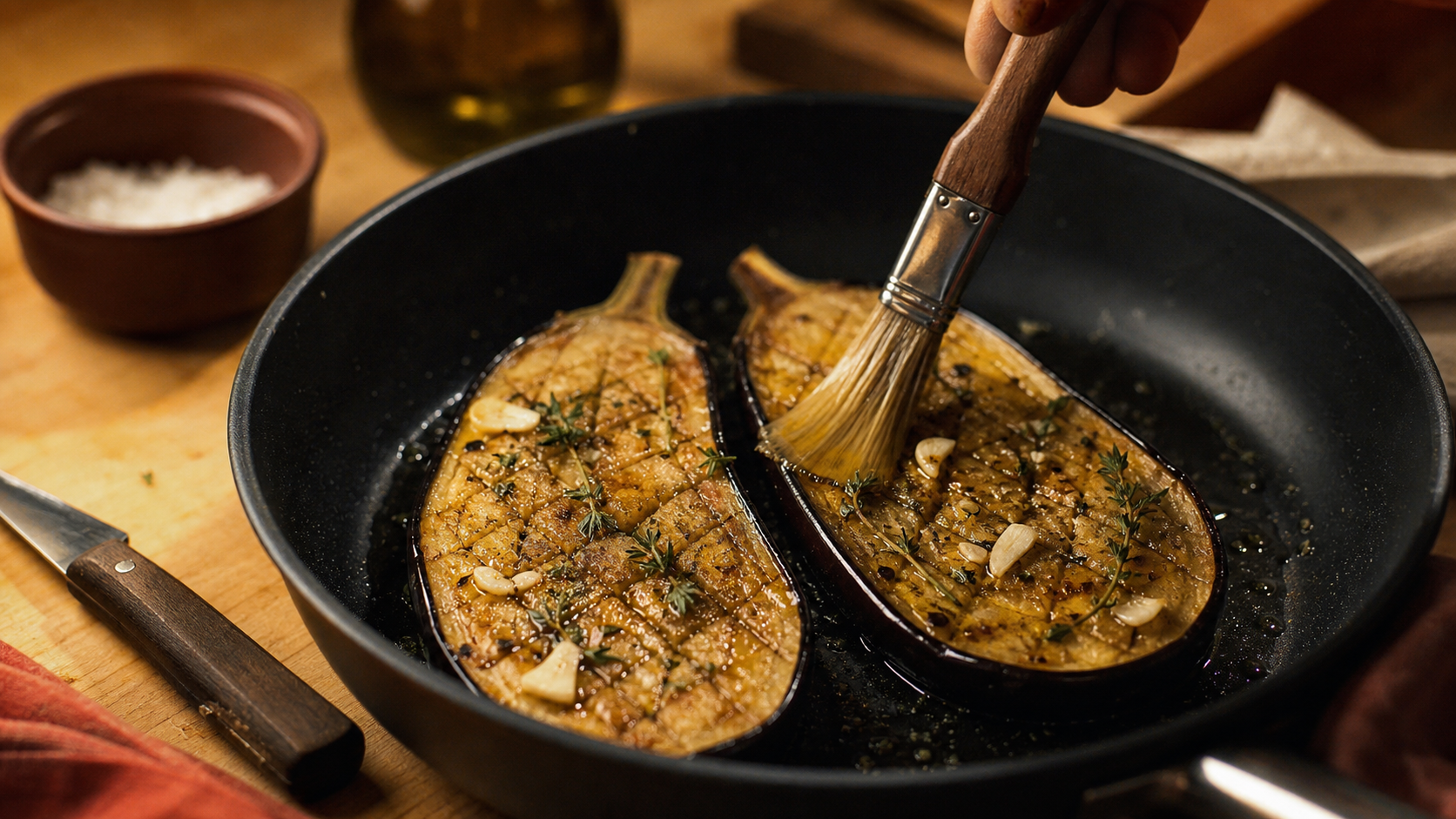 Aubergine fondante à la poêle, chair dorée sans excès d’huile