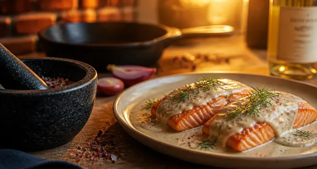 Baie rose, saumon à la crème, grains de poivre rose et aneth