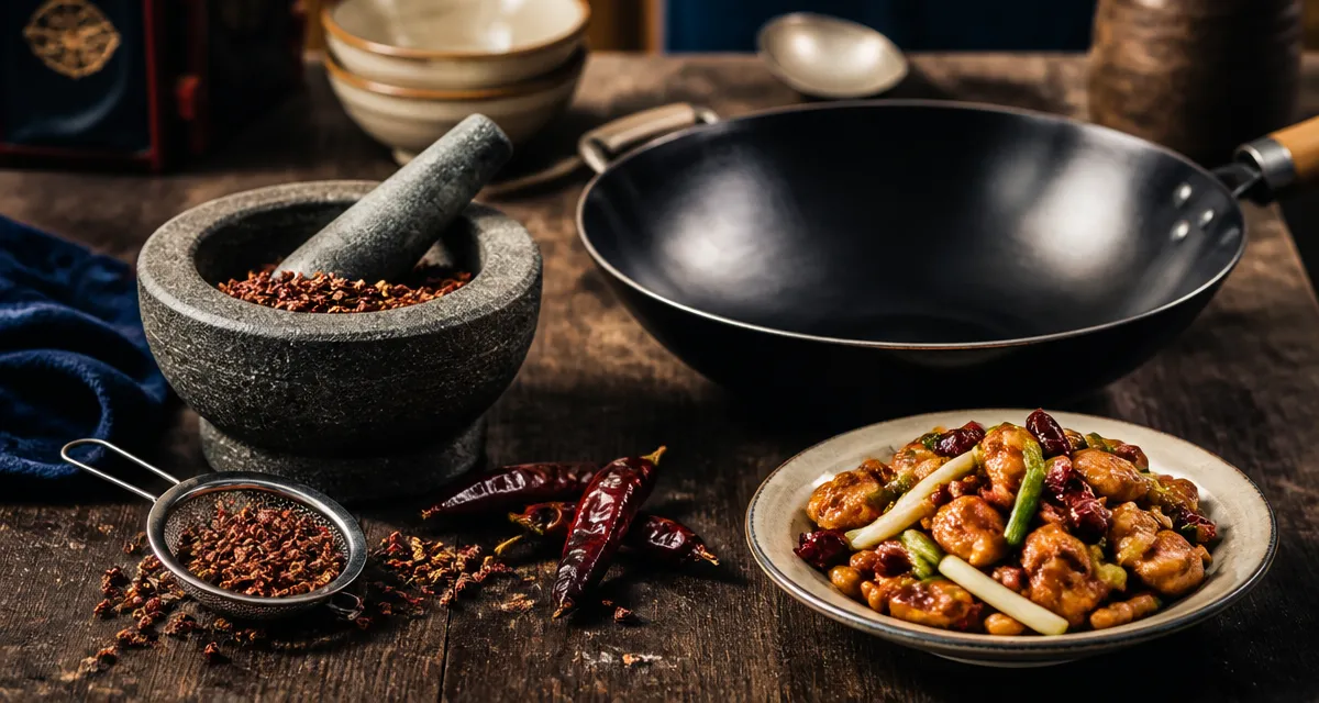 Baies de sichuan, mortier et poulet Gong Bao doré
