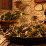 Plat de brocoli italien Vrocculi Affogati sur table rustique